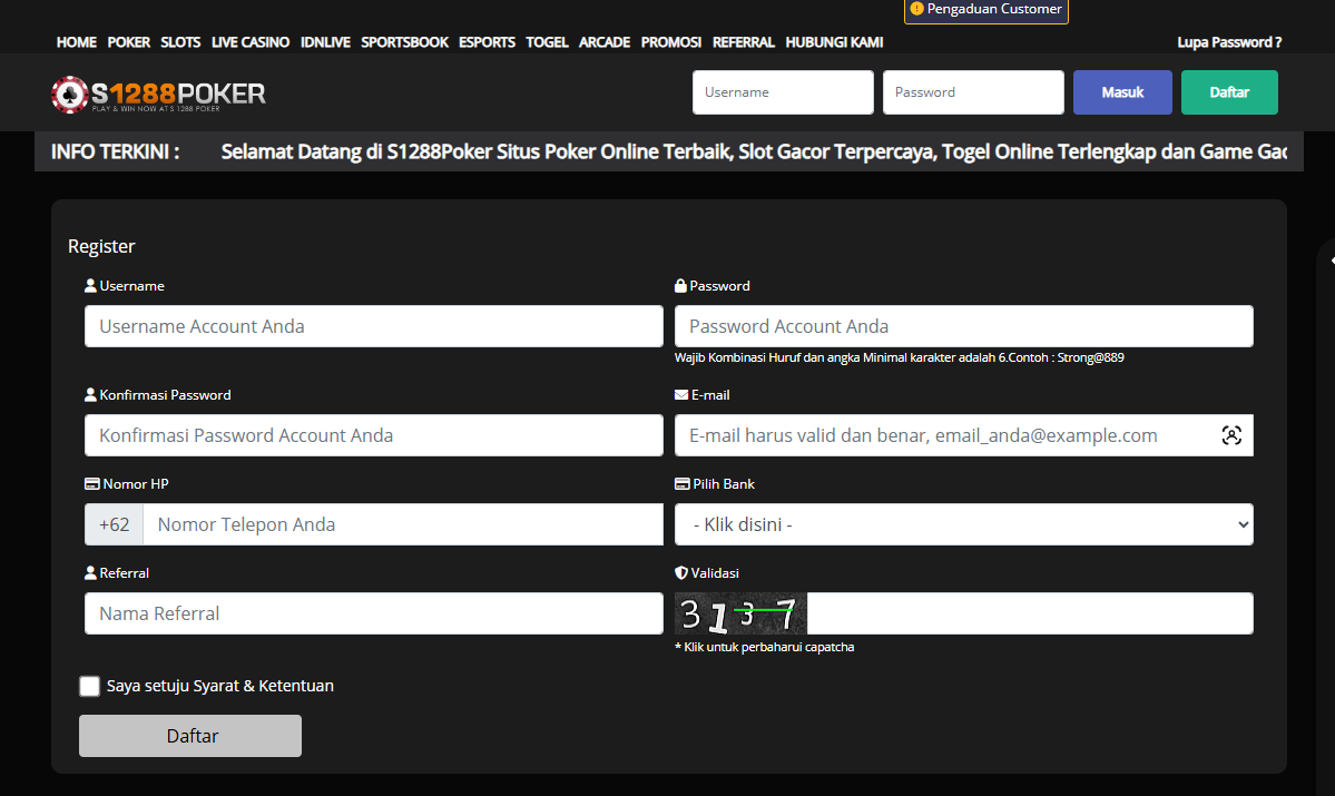Formulir pendaftaran akun baru IDN Poker di situs resmi S1288Poker.